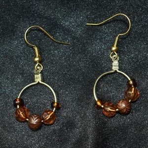 Amber Brown Beaded Rose Hoop Earrings